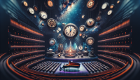 The scene of the grand intergalactic theatre is covered by timepieces. The huge table laid for tea with enormous teapot and around 100 cups on the scene. Enormous pianos are in the spectators' hall. Starry void inside. Very saturated, muted dark colors. Very high contrast. Experimental academic PROFESSIONAL photography. PROPORTIONS STRICTLY 16:9!!!