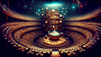 The scene of the grand intergalactic theatre is covered by timepieces. The huge table laid for tea with enormous teapot and around 100 cups on the scene. Enormous pianos are in the spectators' hall. Starry void inside. Very saturated, muted dark colors. Very high contrast. Experimental academic PROFESSIONAL photography. PROPORTIONS STRICTLY 16:9!!!