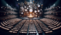 The scene of the grand intergalactic theatre is covered by timepieces. The huge table laid for tea with enormous teapot and around 100 cups on the scene. Enormous pianos are in the spectators' hall. Starry void inside. Very saturated, muted dark colors. Very high contrast. Experimental academic PROFESSIONAL photography. PROPORTIONS STRICTLY 16:9!!!