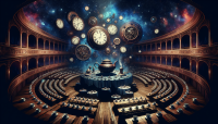 The scene of the grand intergalactic theatre is covered by timepieces. The huge table laid for tea with enormous teapot and around 100 cups on the scene. Enormous pianos are in the spectators' hall. Starry void inside. Very saturated, muted dark colors. Very high contrast. Experimental academic PROFESSIONAL photography. PROPORTIONS STRICTLY 16:9!!!