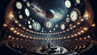 The scene of the grand intergalactic theatre is covered by timepieces. The huge table laid for tea with enormous teapot and around 100 cups on the scene. Enormous pianos are in the spectators' hall. Starry void inside. Very saturated, muted dark colors. Very high contrast. Experimental academic PROFESSIONAL photography. PROPORTIONS STRICTLY 16:9!!!